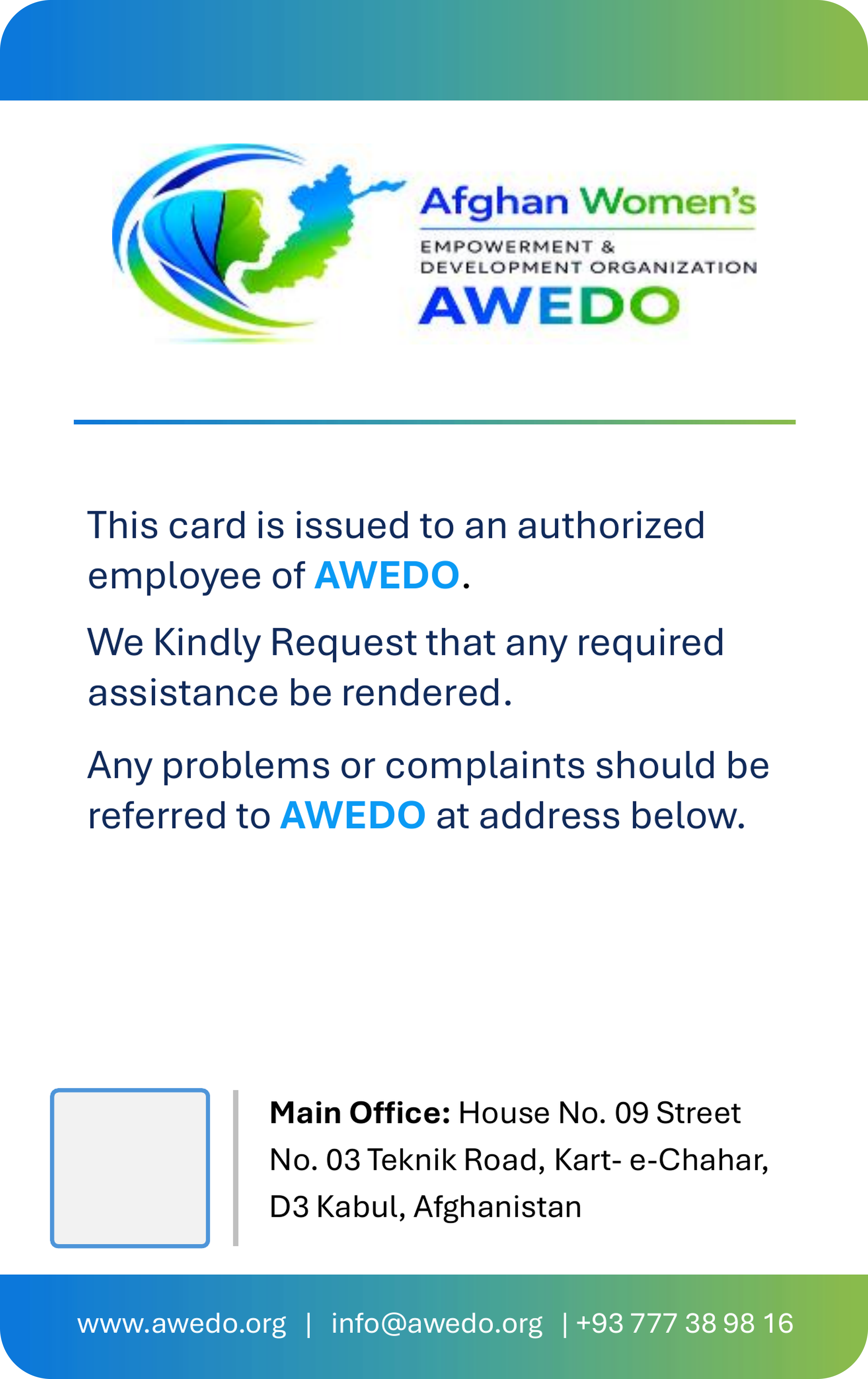 AWEDO Staff ID back template with QR placeholder